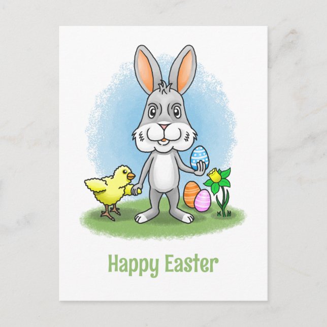 Cartão Postal De Festividades Easter Bunny and the Chicken Show the Easter Eggs (Frente)