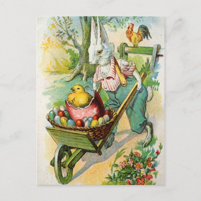 Cartão Postal De Festividades Easter Bunny Antique Post Card Wheel Barrow Chicks (Frente)