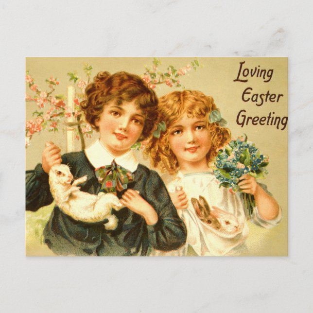 Cartão Postal De Festividades Easter Children Bunnies Antique PostCard Nostalgic (Frente)