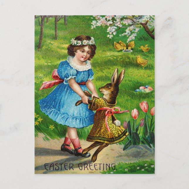 Cartão Postal De Festividades Easter Dance Victorian Dressed Bunny & Girl (Frente)