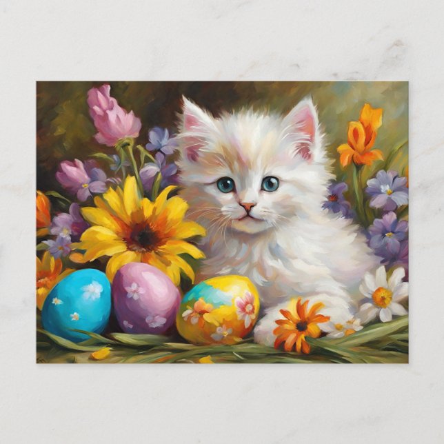 Cartão Postal De Festividades Easter Kitten with Flowers and Painted Eggs  (Frente)