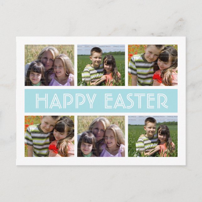 Cartão Postal De Festividades Easter Photo Collage Postcard Template | Blue (Frente)