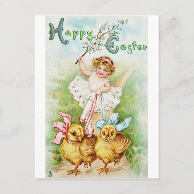 Cartão Postal De Festividades Easter Post Card Girl Riding Chicks (Frente)