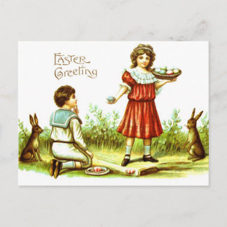 Cartão Postal De Festividades Easter PostCard Victorian Children Bunnies Eggs