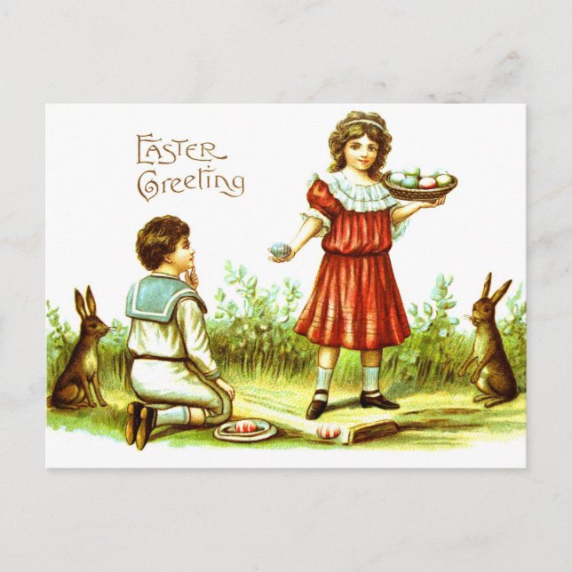 Cartão Postal De Festividades Easter PostCard Victorian Children Bunnies Eggs (Frente)