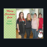 Cartão Postal De Festividades Editable Christmas Post Card with Snowman<br><div class="desc">Add your own names,  and photo to this cute post card. It's so easy to mail out post cards and add your own touch by putting your favorite family picture on it!</div>