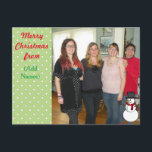Cartão Postal De Festividades Editable Christmas Post Card with Snowman<br><div class="desc">Add your own names, and photo to this cute post card. It's so easy to mail out post cards and add your own touch by putting your favorite family picture on it!</div>