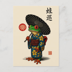 Cartão Postal De Festividades Edo Sapo em Kimono com Parasol