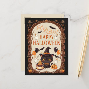 Cartão Postal De Festividades Ei Boo Assustador Gatinho Preto Feiticeira Hallowe