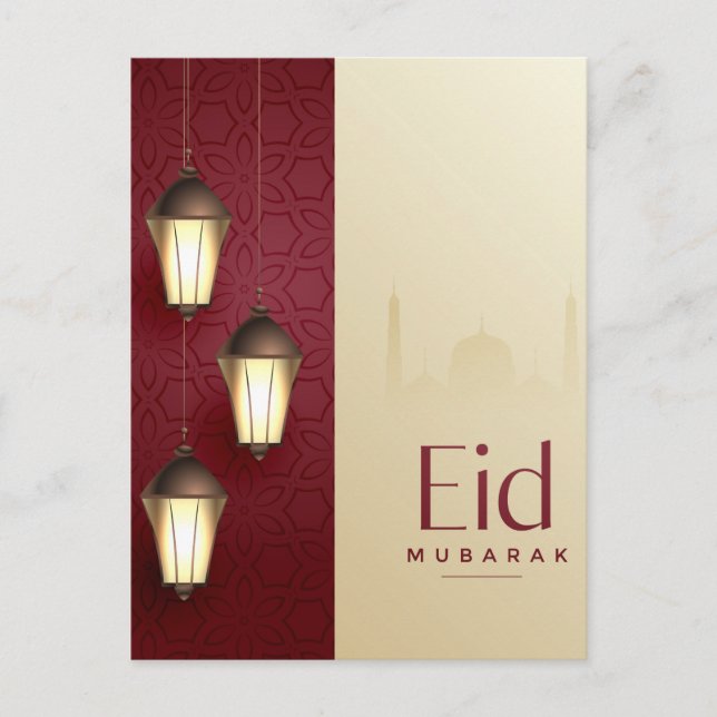 Cartão Postal De Festividades Eid Mubarak Lanterna Islâmica Red (Frente)