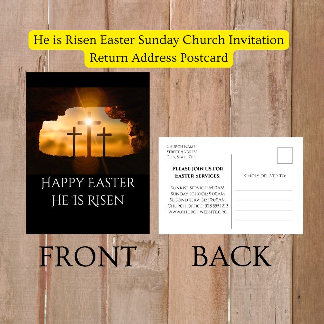 Cartão Postal De Festividades Ele é Risen Páscoa na igreja. (He is Risen Easter Sunday Church Invitation Postcards)