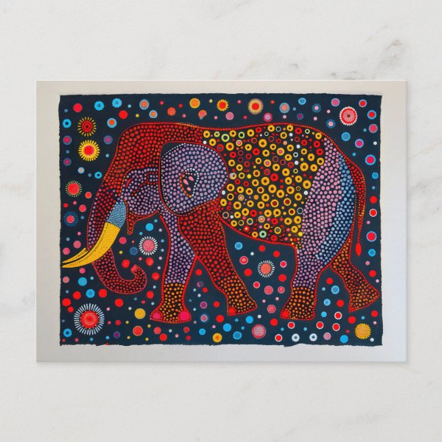 Cartão Postal De Festividades Elefante Abstrato Vermelho Azul com Flores Pontilh (Frente)