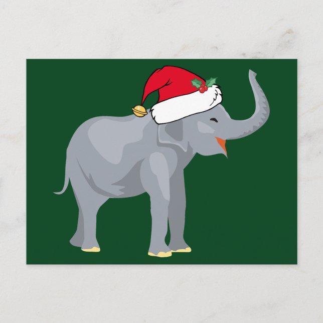 Cartão Postal De Festividades Elefante Fofo com Chapéu de Papai Noel Verde Natal (Frente)