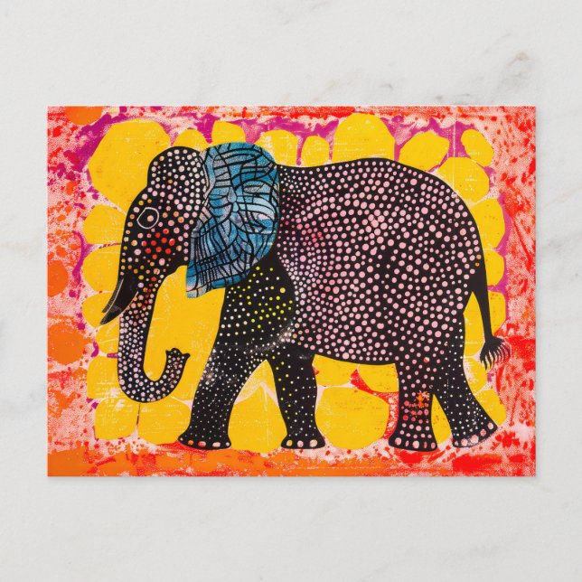 Cartão Postal De Festividades Elefante Vibrante com Círculos Rosa (Frente)