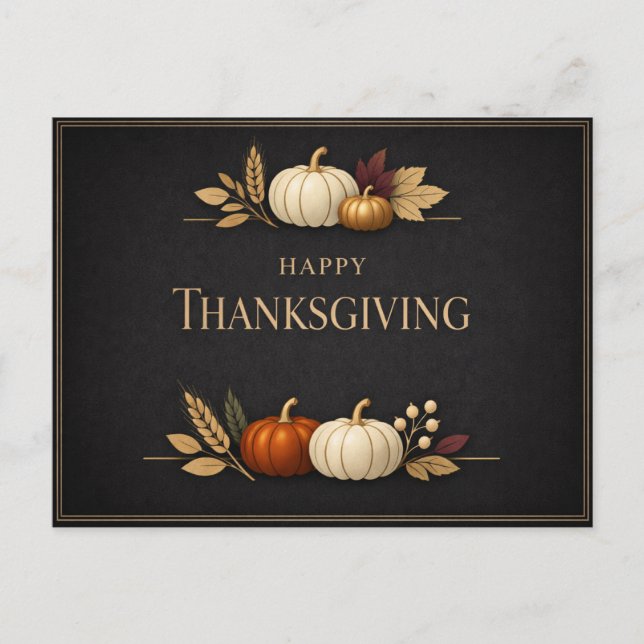 Cartão Postal De Festividades Elegant Black and Gold Happy Thanksgiving Pumpkin (Frente)
