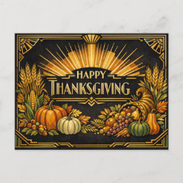 Cartão Postal De Festividades Elegant Black Gold Art Deco Thanksgiving Harvest
