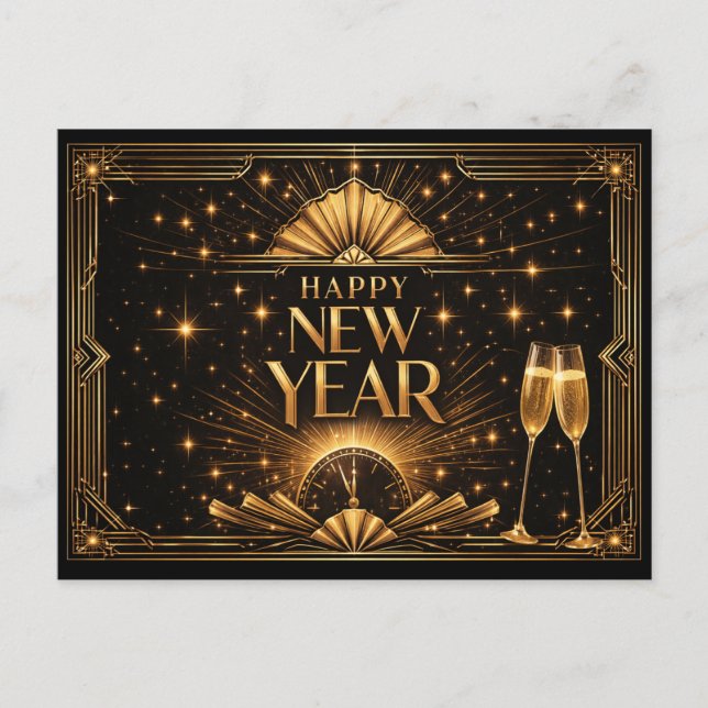 Cartão Postal De Festividades Elegant Gold Art Deco Happy New Year (Frente)