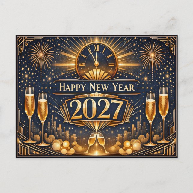 Cartão Postal De Festividades Elegant Gold Art Deco New Year Celebration (Frente)