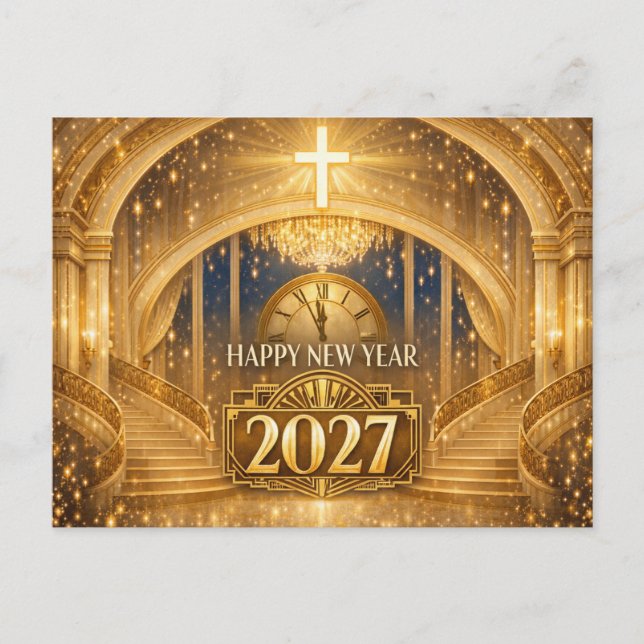 Cartão Postal De Festividades Elegant Gold Christian Happy New Year 2027 (Frente)