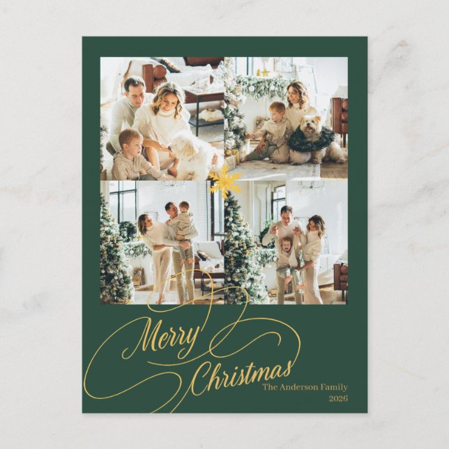 Cartão Postal De Festividades Elegant Green & Gold Merry Christmas Photo -  (Frente)