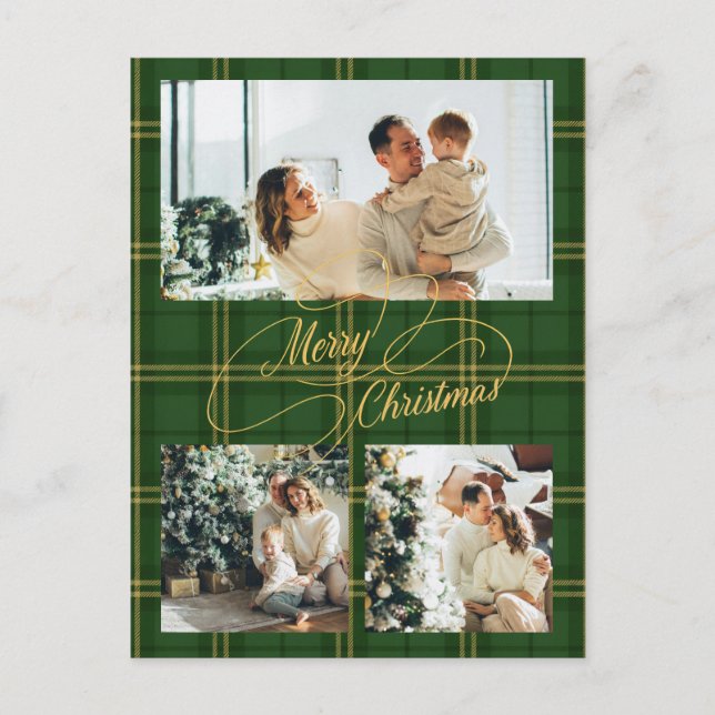 Cartão Postal De Festividades Elegant Green Tartan Family Photo Christmas Card (Frente)
