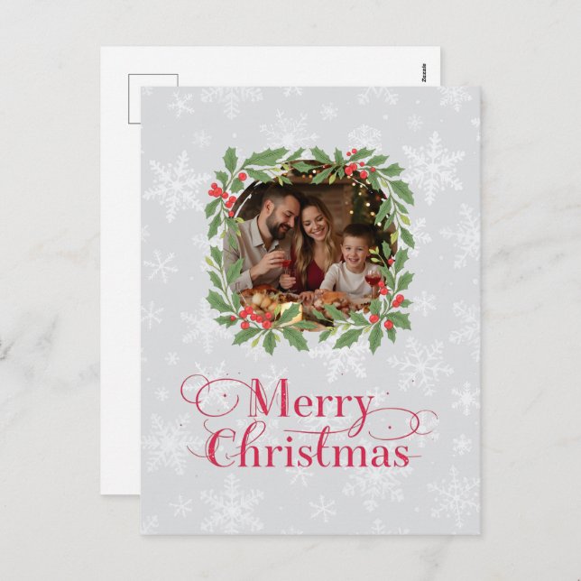 Cartão Postal De Festividades Elegant Holly Wreath Merry Christmas Photo (Frente/Verso)