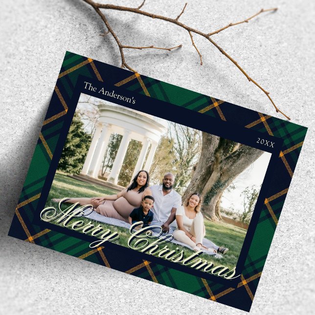 Cartão Postal De Festividades Elegant Navy Green Plaid Christmas (Criador carregado)