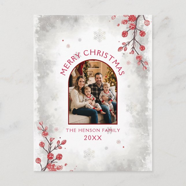 Cartão Postal De Festividades Elegant Red Berries Family Photo Christmas  (Frente)
