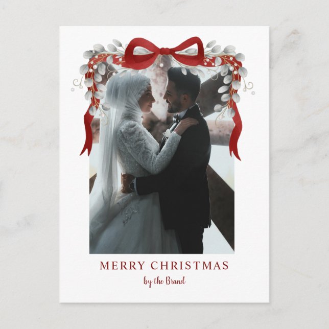 Cartão Postal De Festividades Elegant Red Bow and Eucalyptus Photo Christmas Ar (Frente)