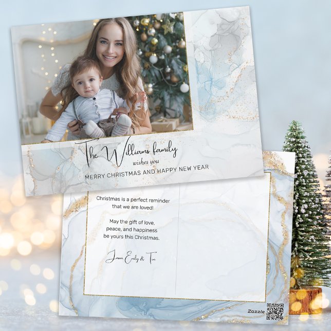 Cartão Postal De Festividades Elegant Sparkly Blue & Gold Alcohol Ink Photo (Criador carregado)