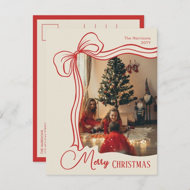 Cartão Postal De Festividades Elegant Whimsical Hand Drawn Red Bow Christmas (Frente/Verso)
