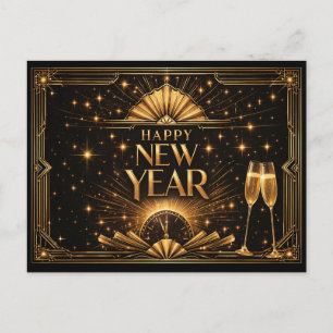 Cartão Postal De Festividades Elegante Ano Novo Art Déco em Ouro