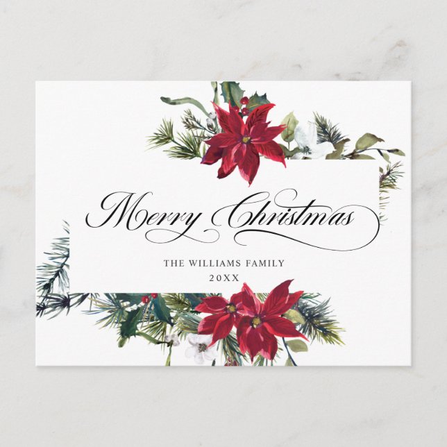 Cartão Postal De Festividades Elegante Aquarela Poinsettia Saudação de Natal (Frente)
