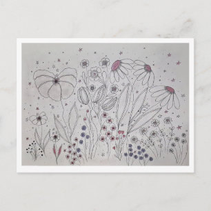 Cartão Postal De Festividades Elegante Arte de Linha de Prado de Flores Silvestr