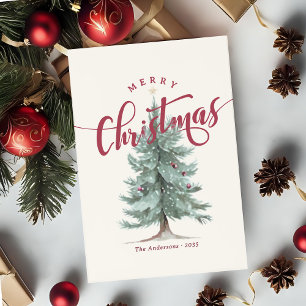 Cartão Postal De Festividades Elegante Árvore Rústica de Natal com Letreiro Feli