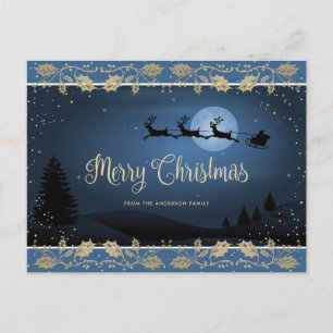 Cartão Postal De Festividades Elegante Blue Dourado Holly Script Feliz Natal