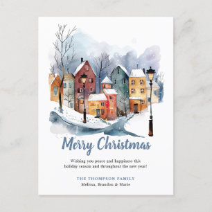 Cartão Postal De Festividades Elegante Casas de Aquarela de inverno Natal Azul