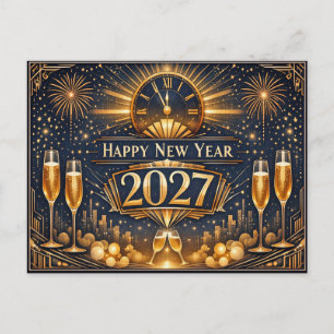 Cartão Postal De Festividades Elegante Celebração de Ano Novo Art Déco em Ouro