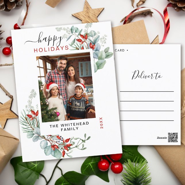 Cartão Postal De Festividades Elegante de Aquarela Verde (You will love these beautiful Christmas cards! They feature botanical watercolor pine and berries.)