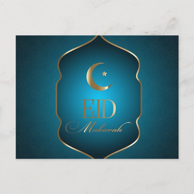 Cartão Postal De Festividades Elegante Eid Mubarak Crescent Star Frame Blue (Frente)