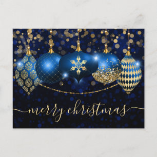 Cartão Postal De Festividades Elegante Enfeite Azul e Dourado Feliz Natal