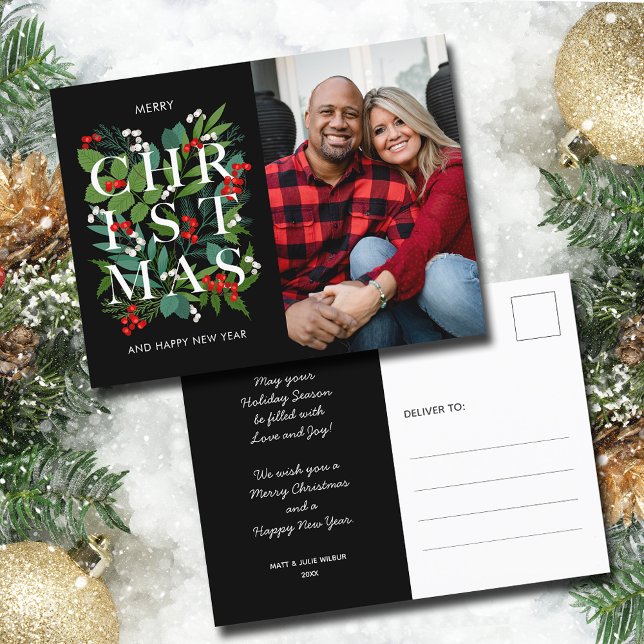Cartão Postal De Festividades Elegante Feliz Natal Greenery Foto (Elegant Merry Christmas Greenery Photo Holiday Postcards)