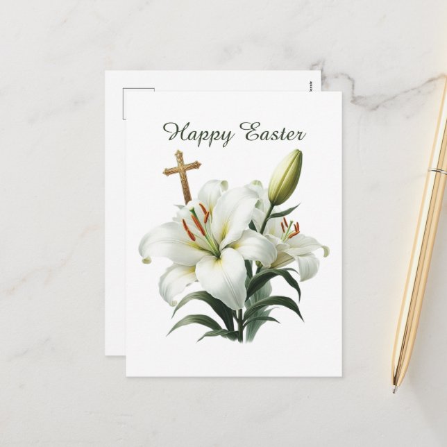 Cartão Postal De Festividades Elegante Felz pascoa Lilly Cross (Frente/Verso In Situ)