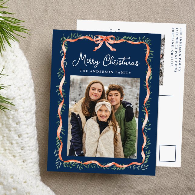 Cartão Postal De Festividades Elegante Fita Vermelha e Marinho Verde 2 Foto (Criador carregado)