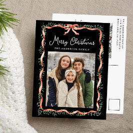 Cartão Postal De Festividades Elegante Fita Vermelha e Verde Oliva Preto 2 Foto
