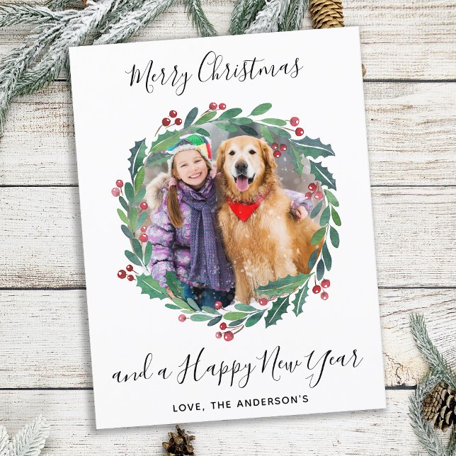 Cartão Postal De Festividades Elegante Greenery Botanical Wreath Foto de Natal (Criador carregado)
