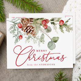 Cartão Postal De Festividades Elegante Holly Berries e Pine Cones Não Foto