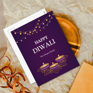 Cartão Postal De Festividades Elegante Mandala diyas personalizado Purple Diwali