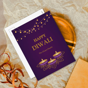 Cartão Postal De Festividades Elegante Mandala diyas personalizado Purple gold D