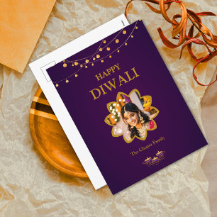 Cartão Postal De Festividades Elegante Mandala personalizado Foto Ouro Roxo diwa